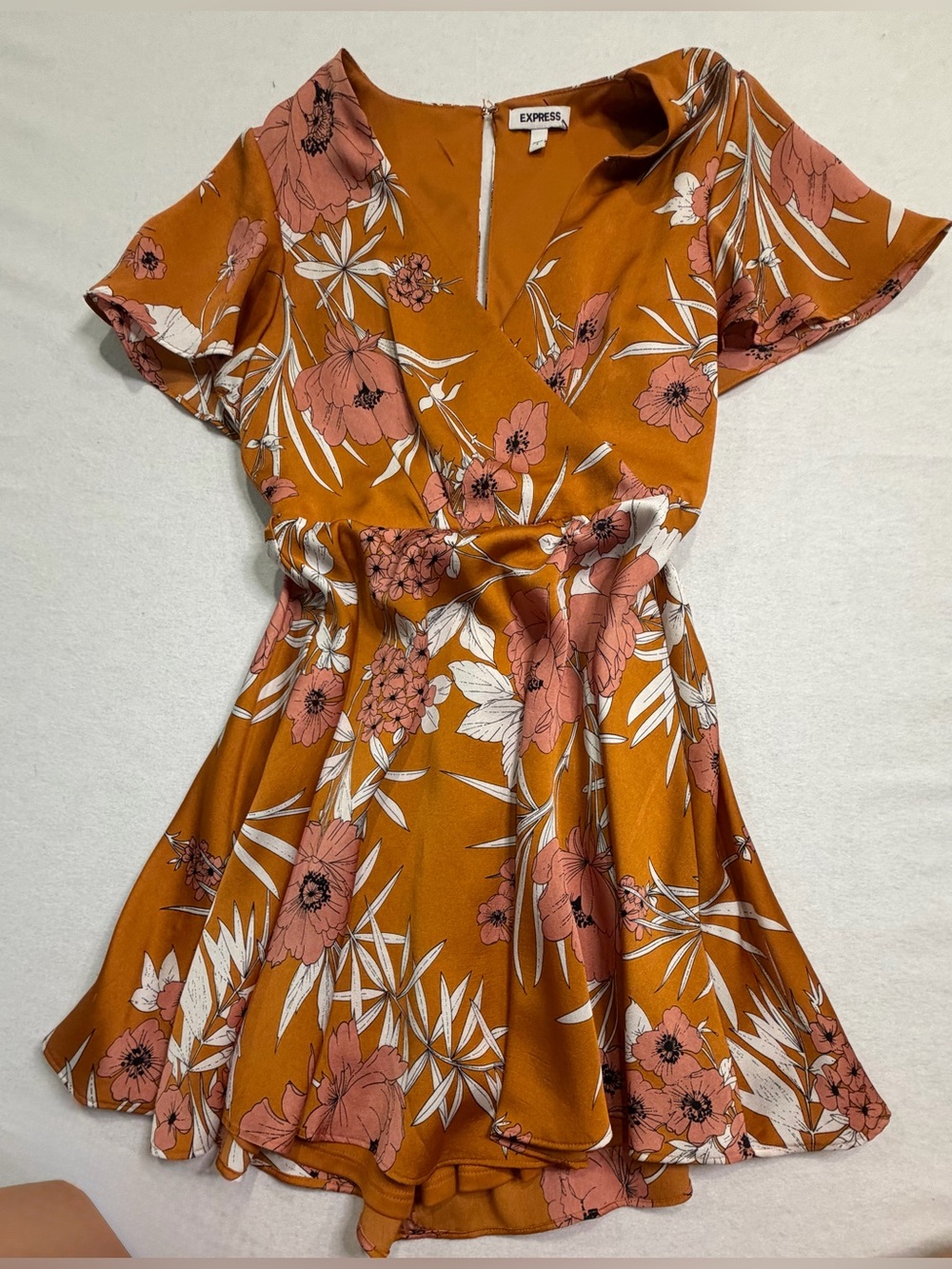 Express Floral Wrap Dress in Mustard with Pink and White Blooms